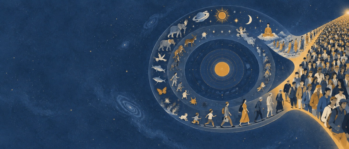 星空に浮かぶ輪廻の輪。動物や人が輪を巡り、右側で現代の大群衆へ流れ出している